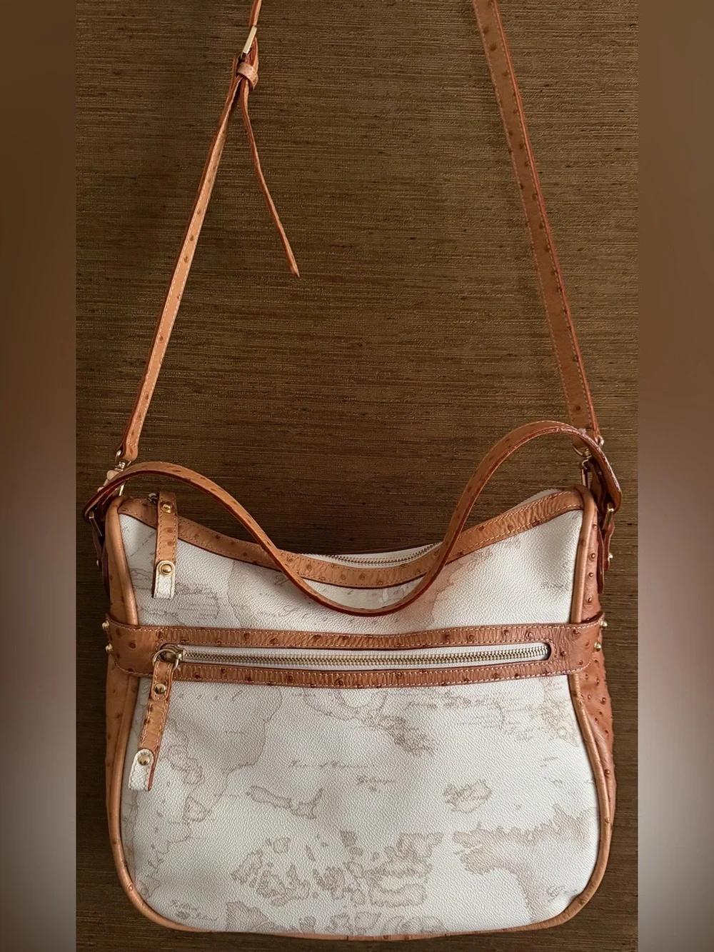 Alviero Martini 1a Classe Geo White Hobo Shoulder Bag Ostrich Trim Map Print